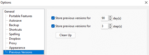 Previous versions settings