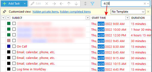 Filtering tasks by date, using the quick search field