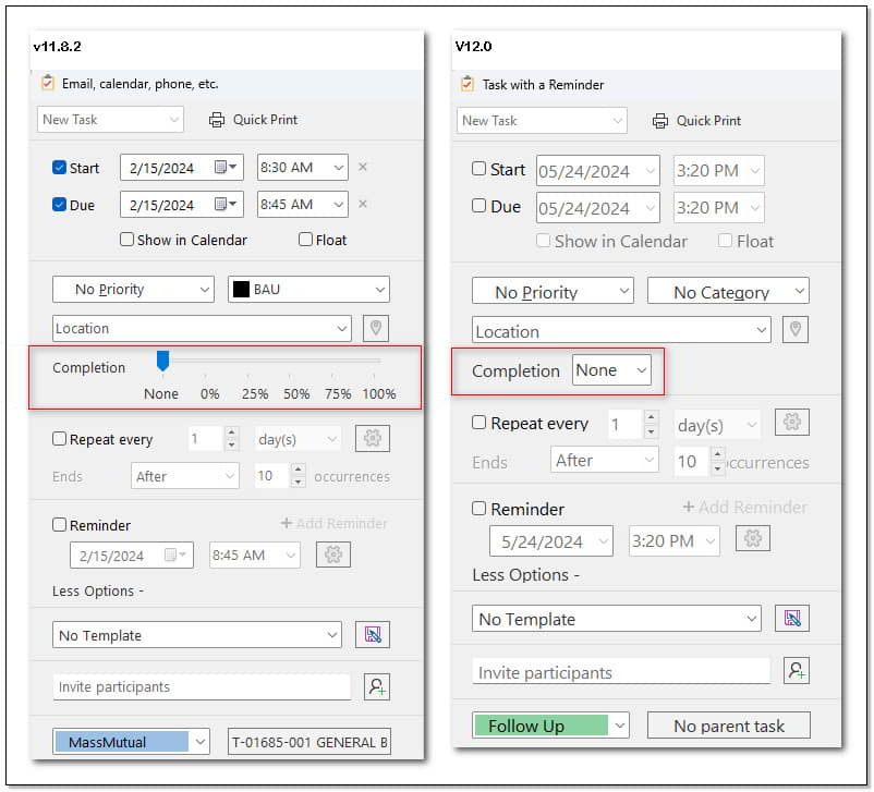 The drop-down field vs. the sliding scale for selecting a task's completion