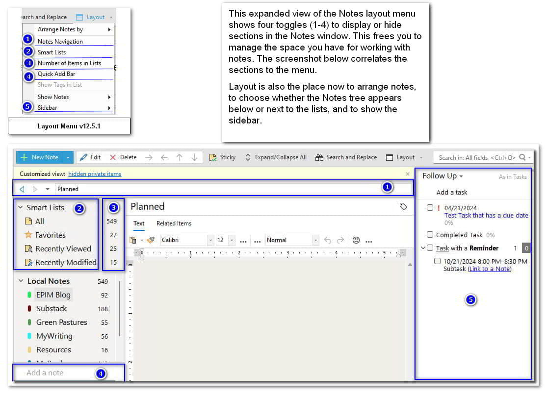A look at the expanded layout menu for Notes