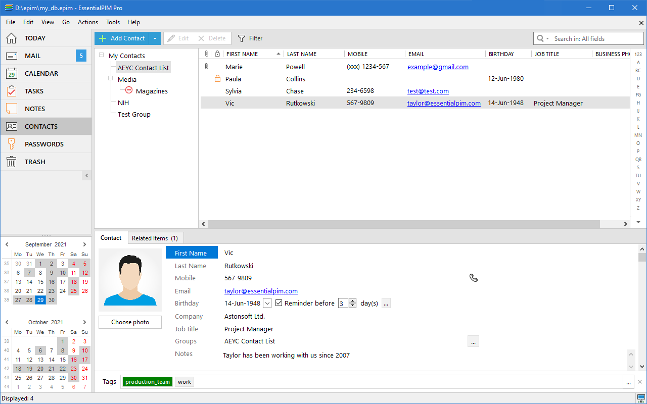 EssentialPIM Contacts Contacts